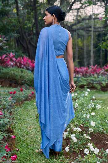 Shop_Itrh_Blue Net Crystals High Neck Neel Tara Pre-draped Saree Set _at_Aza_Fashions