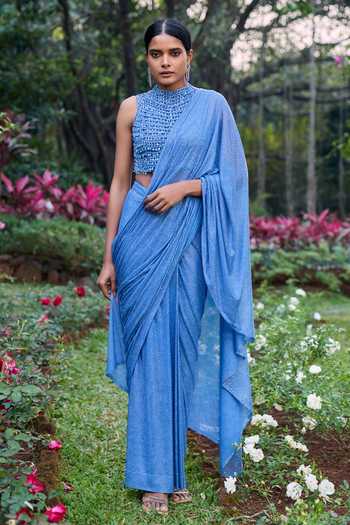 Itrh_Blue Net Crystals High Neck Neel Tara Pre-draped Saree Set _Online_at_Aza_Fashions