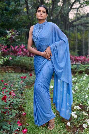 Buy_Itrh_Blue Net Crystals High Neck Neel Tara Pre-draped Saree Set _Online_at_Aza_Fashions