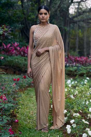 Buy_Itrh_Gold Net Crystals High Neck Kanak Tara Pre-draped Saree Set _at_Aza_Fashions