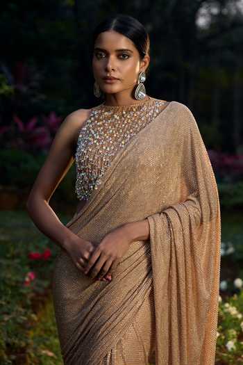 Shop_Itrh_Gold Net Crystals High Neck Kanak Tara Pre-draped Saree Set _at_Aza_Fashions