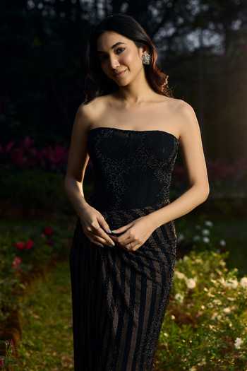 Itrh_Black Net Crystals Bandeau Neck Shyamal Sona Gown _Online_at_Aza_Fashions