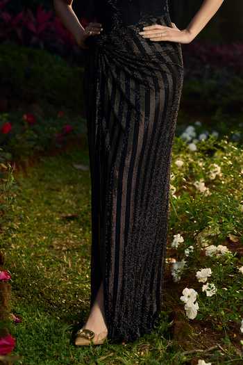 Buy_Itrh_Black Net Crystals Bandeau Neck Shyamal Sona Gown _Online_at_Aza_Fashions