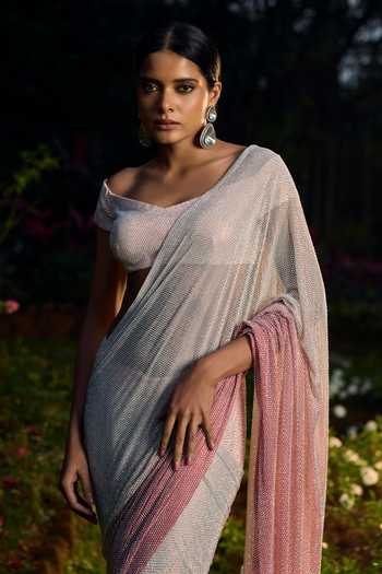 Itrh_Pink Net Crystals Off-shoulder Gulrangi Pre-draped Saree Set _Online_at_Aza_Fashions