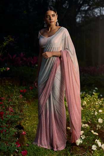 Shop_Itrh_Pink Net Crystals Off-shoulder Gulrangi Pre-draped Saree Set _at_Aza_Fashions