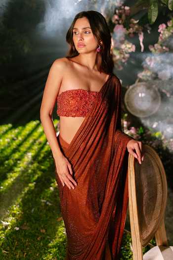 Shop_Itrh_Orange Net Crystals Bandeau Neck Ember Glow Pre-draped Saree Set _at_Aza_Fashions