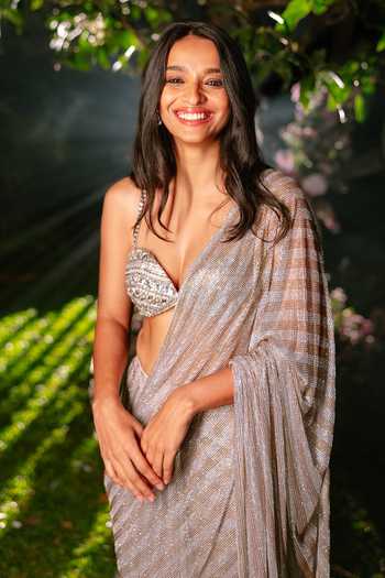 Buy_Itrh_Gold Net Crystals Sweetheart Neck Celestial Stride Pre-draped Saree Set _Online_at_Aza_Fashions