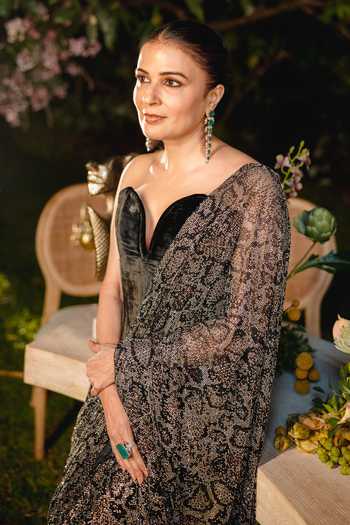 Itrh_Black Net, Velvet Crystals Sweetheart Neck Midnight Frost Pre-draped Saree Set _Online_at_Aza_Fashions