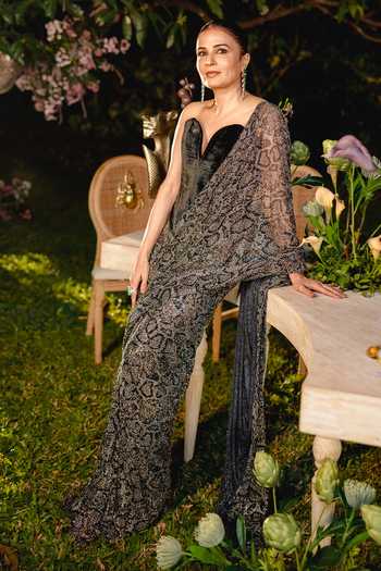 Shop_Itrh_Black Net, Velvet Crystals Sweetheart Neck Midnight Frost Pre-draped Saree Set _at_Aza_Fashions