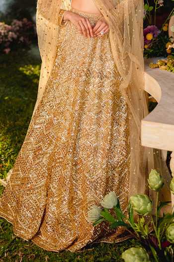 Shop_Itrh_Gold Net Sequins, Zari, Embroidery V-neck Reverie Lehenga Set _Online_at_Aza_Fashions