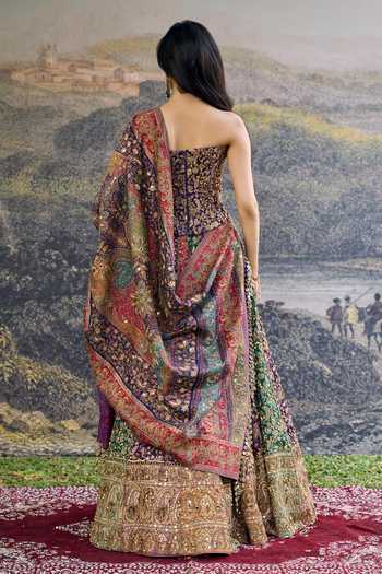 Shop_Itrh_Multi Color Embroidery, Sequins, Zari, Mirrors, Rang Mahal Jamewar Lehenga Set _at_Aza_Fashions