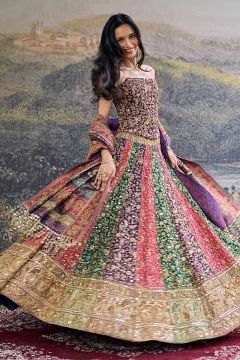 Itrh_Multi Color Embroidery, Sequins, Zari, Mirrors, Rang Mahal Jamewar Lehenga Set _Online_at_Aza_Fashions