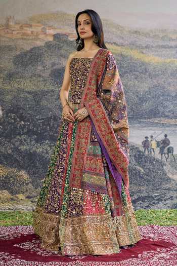 Buy_Itrh_Multi Color Embroidery, Sequins, Zari, Mirrors, Rang Mahal Jamewar Lehenga Set _at_Aza_Fashions