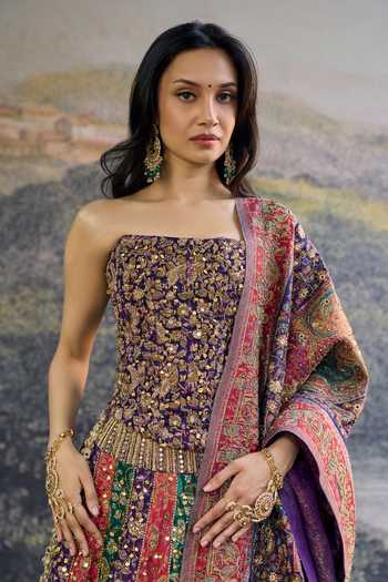 Buy_Itrh_Multi Color Embroidery, Sequins, Zari, Mirrors, Rang Mahal Jamewar Lehenga Set _Online_at_Aza_Fashions
