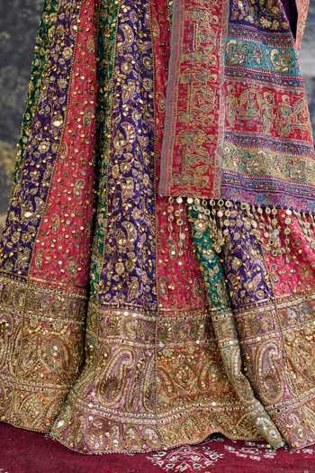 Shop_Itrh_Multi Color Embroidery, Sequins, Zari, Mirrors, Rang Mahal Jamewar Lehenga Set _Online_at_Aza_Fashions