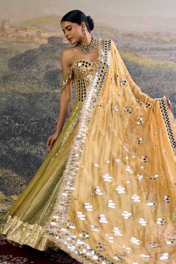 Itrh_Green Tissue Mirrors Sweetheart Neck Hiranya Lehenga Set _Online_at_Aza_Fashions