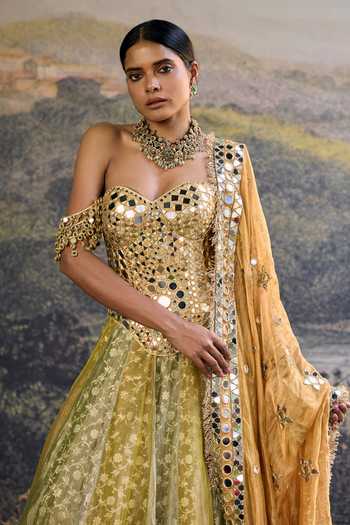 Buy_Itrh_Green Tissue Mirrors Sweetheart Neck Hiranya Lehenga Set _Online_at_Aza_Fashions