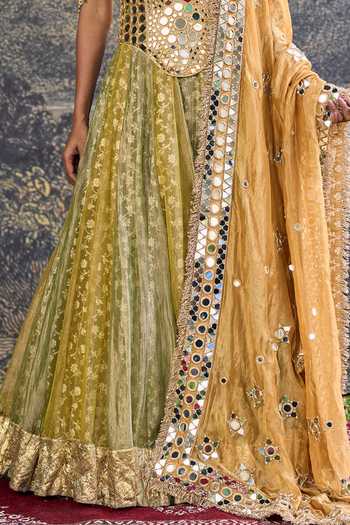 Shop_Itrh_Green Tissue Mirrors Sweetheart Neck Hiranya Lehenga Set _Online_at_Aza_Fashions