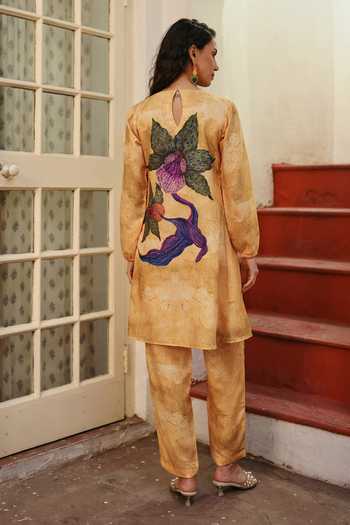 Shop_ZiP by Payal & Zinal_Mustard Linen Round Neck Aamras Floral Pattern Kurta And Pant Set _at_Aza_Fashions