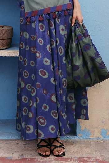 ZiP by Payal & Zinal_Olive Green Cotton Tassels Split V-neck Boho Tunic And Printed Blue Skirt Set _Online_at_Aza_Fashions