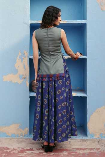 Shop_ZiP by Payal & Zinal_Olive Green Cotton Tassels Split V-neck Boho Tunic And Printed Blue Skirt Set _at_Aza_Fashions