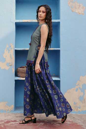 Buy_ZiP by Payal & Zinal_Olive Green Cotton Tassels Split V-neck Boho Tunic And Printed Blue Skirt Set _Online_at_Aza_Fashions