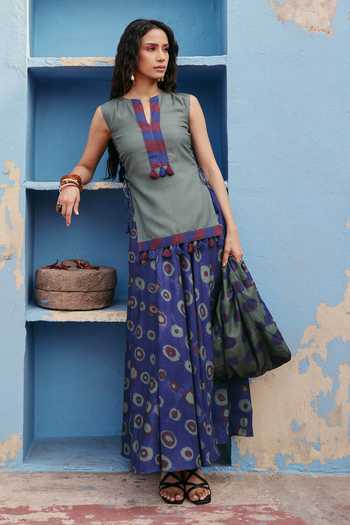 Buy_ZiP by Payal & Zinal_Olive Green Cotton Tassels Split V-neck Boho Tunic And Printed Blue Skirt Set _at_Aza_Fashions