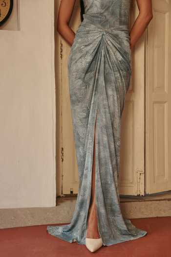 Buy_ZiP by Payal & Zinal_Blue Jersey High Neck Cinderela Glam Bodysuit And Draped Skirt Set _Online_at_Aza_Fashions