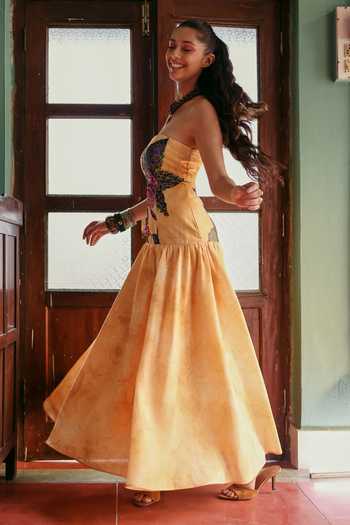ZiP by Payal & Zinal_Green Cotton, Denim Sequins, Beads Bandeau Neck Dhoop Drama Embellished Dress _Online_at_Aza_Fashions