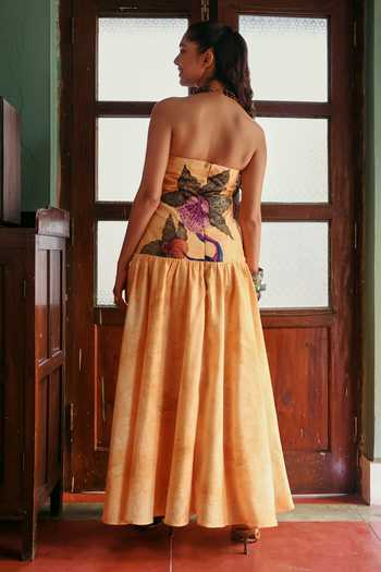 Shop_ZiP by Payal & Zinal_Green Cotton, Denim Sequins, Beads Bandeau Neck Dhoop Drama Embellished Dress _at_Aza_Fashions