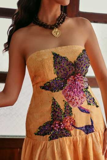 Shop_ZiP by Payal & Zinal_Green Cotton, Denim Sequins, Beads Bandeau Neck Dhoop Drama Embellished Dress _Online_at_Aza_Fashions