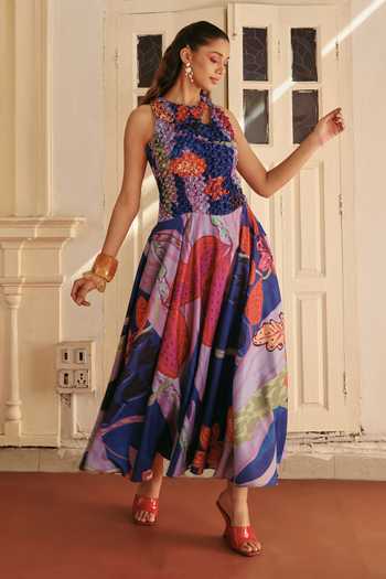 ZiP by Payal & Zinal_Multi Color Linen High Neck Fruity Fun Dramatic Print Maxi Dress _Online_at_Aza_Fashions