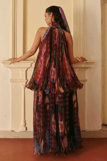 Shop_ZiP by Payal & Zinal_Wine Halter Neck Imli Glam Flowy Top And Pleated Skirt Set _at_Aza_Fashions