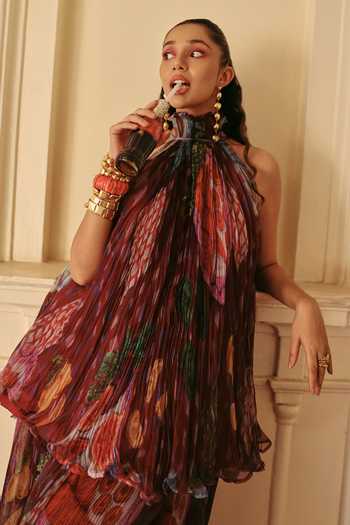Buy_ZiP by Payal & Zinal_Wine Halter Neck Imli Glam Flowy Top And Pleated Skirt Set _Online_at_Aza_Fashions