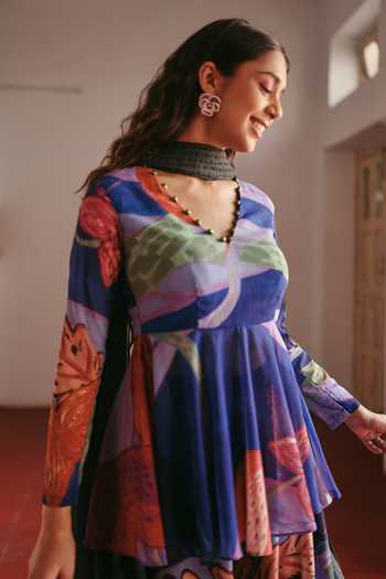 ZiP by Payal & Zinal_Blue Georgette V-neck Printed Peplum Kurta And Sharara Set _Online_at_Aza_Fashions