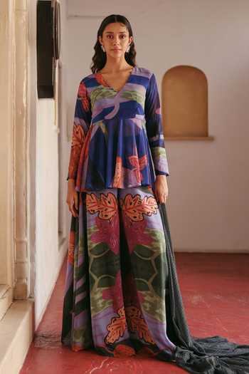 Shop_ZiP by Payal & Zinal_Blue Georgette V-neck Printed Peplum Kurta And Sharara Set _Online_at_Aza_Fashions