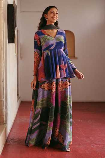 Buy_ZiP by Payal & Zinal_Blue Georgette V-neck Printed Peplum Kurta And Sharara Set _at_Aza_Fashions