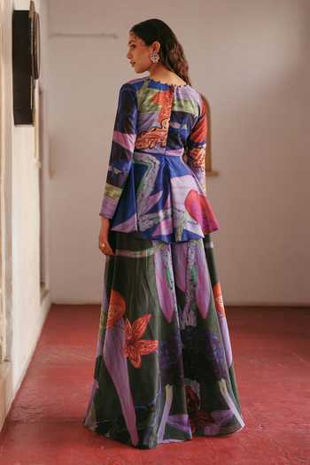 Shop_ZiP by Payal & Zinal_Blue Georgette V-neck Printed Peplum Kurta And Sharara Set _at_Aza_Fashions