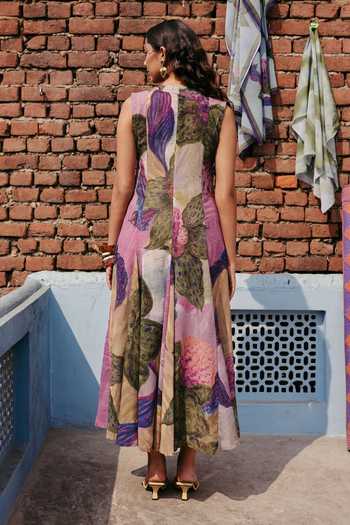 Shop_ZiP by Payal & Zinal_Pink Round Neck Phool Fiesta Floral Print A-line Dress _at_Aza_Fashions
