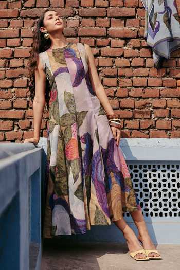 Shop_ZiP by Payal & Zinal_Pink Round Neck Phool Fiesta Floral Print A-line Dress _Online_at_Aza_Fashions