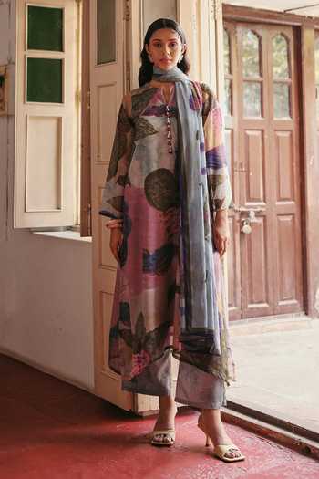 Buy_ZiP by Payal & Zinal_Multi Color Cotton, Georgette V-neck Purana Afsana Floral Print Kurta And Pant Set _at_Aza_Fashions