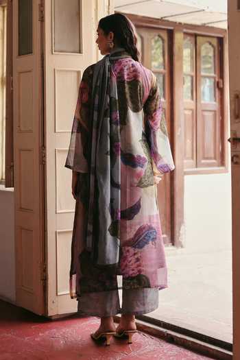 Shop_ZiP by Payal & Zinal_Multi Color Cotton, Georgette V-neck Purana Afsana Floral Print Kurta And Pant Set _at_Aza_Fashions