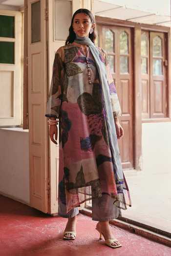 Shop_ZiP by Payal & Zinal_Multi Color Cotton, Georgette V-neck Purana Afsana Floral Print Kurta And Pant Set _Online_at_Aza_Fashions