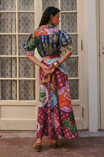 Shop_ZiP by Payal & Zinal_Multi Color Linen Collared Retro Rani Puff Sleeve Top And Skirt Set _at_Aza_Fashions