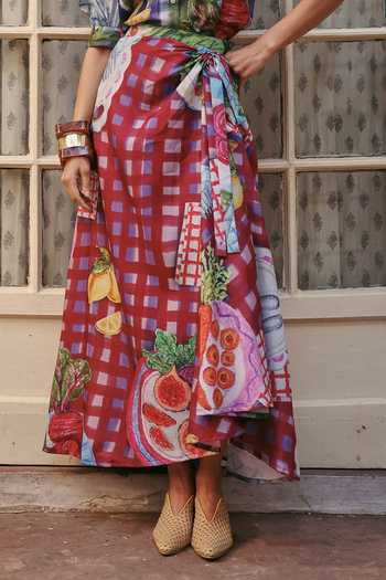 ZiP by Payal & Zinal_Multi Color Linen Collared Retro Rani Puff Sleeve Top And Skirt Set _Online_at_Aza_Fashions