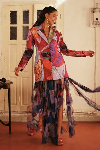 Shop_ZiP by Payal & Zinal_Multi Color Net Muse Printed Blazer And Skrit Set _at_Aza_Fashions
