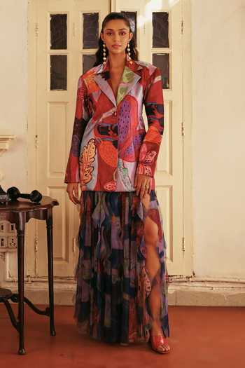 Buy_ZiP by Payal & Zinal_Multi Color Net Muse Printed Blazer And Skrit Set _at_Aza_Fashions