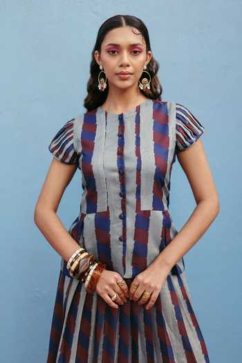 ZiP by Payal & Zinal_Blue Cotton Round Neck Slate Stories Striped Top And Skirt Set _Online_at_Aza_Fashions