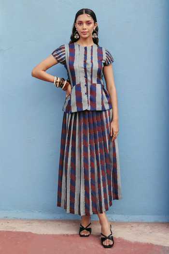 Buy_ZiP by Payal & Zinal_Blue Cotton Round Neck Slate Stories Striped Top And Skirt Set _at_Aza_Fashions