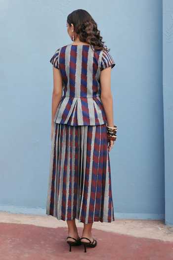 Shop_ZiP by Payal & Zinal_Blue Cotton Round Neck Slate Stories Striped Top And Skirt Set _at_Aza_Fashions